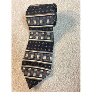 Surrey Mens Silk Blend Tie Geometric Pattern Blue Brown Gold Woven‎ Texture